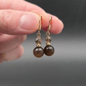 Gold Plated Tiger's Eye Stone Dangle Earrings A6539